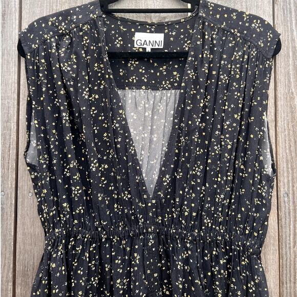 GANNI | Floral Printed Crepe Plunging Midi Dress in Black Size 34 US 2 - Picture 4 of 9